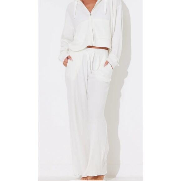 Ocean Drive Warm White Rib Hacci Lettuce Edge Lightweight Viscose Pants, M - Picture 1 of 7